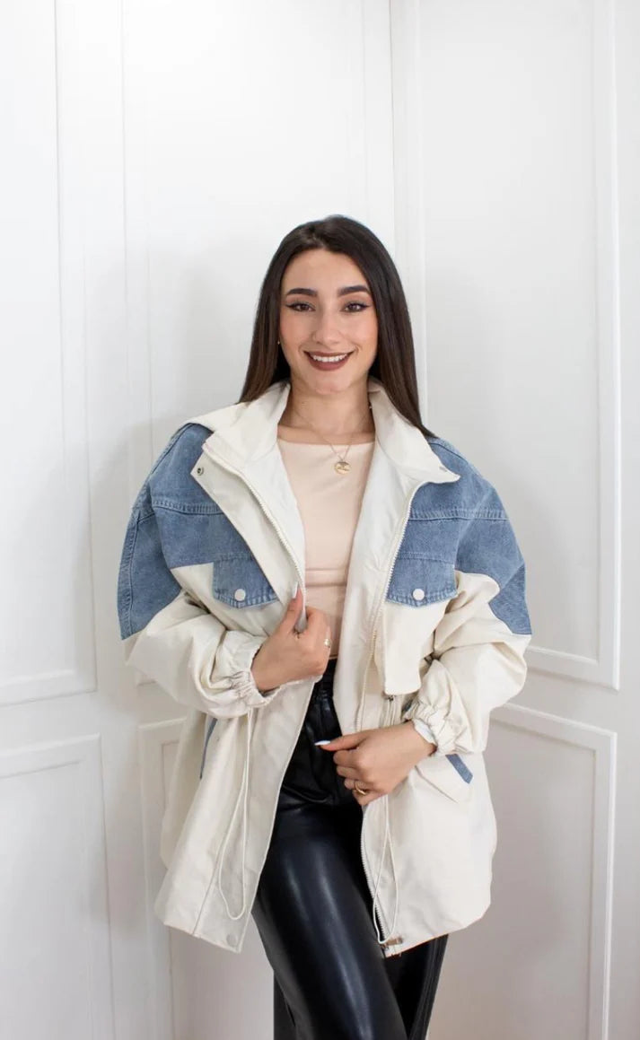 CHAQUETA TIPO PARKA EFECTO DOBLE PRENDA EN JEAN Y DRILL